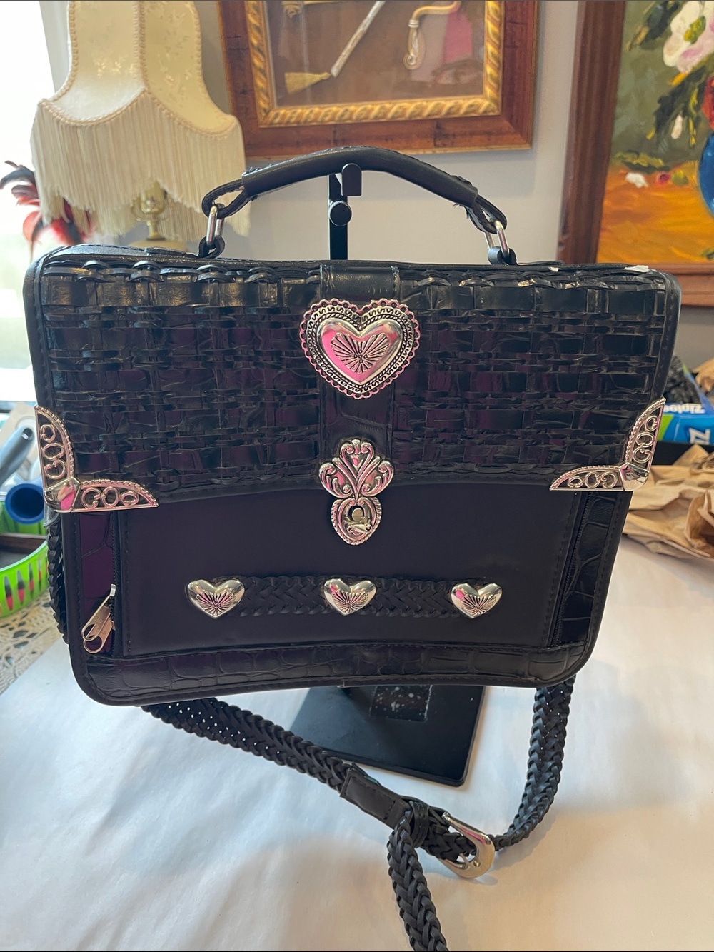 Heart-Accent Black Women's Satchel with adjustable crossbody belt